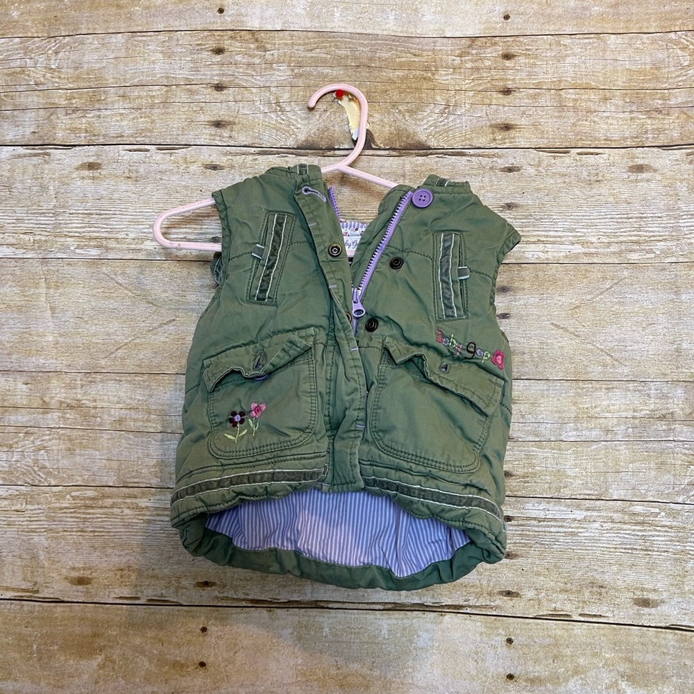 GAP Green Quilted Vest with Floral Embroidery, Size 12-18M